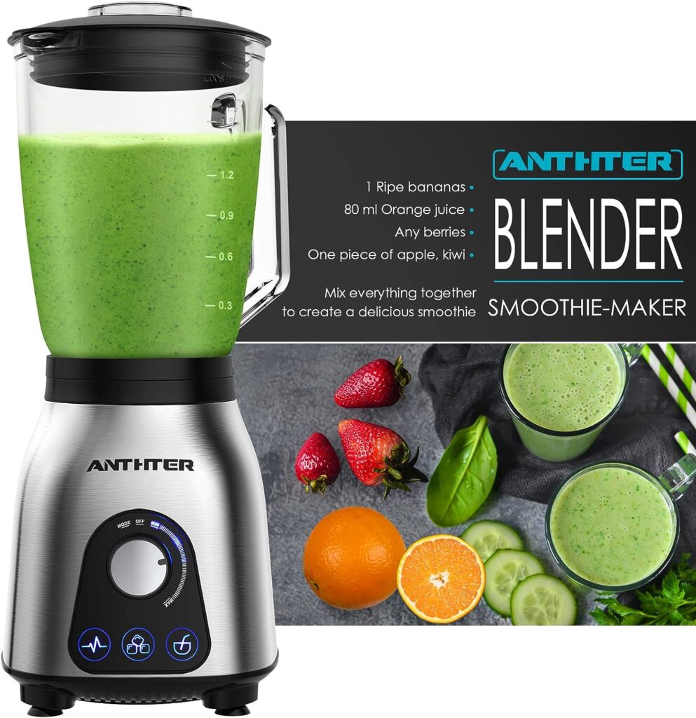 Anthter Professional Blender, 950W High Power Countertop Blenders for Kitchen, 50 Oz Blender Glass Jar for Shakes, Ideal for Smoothies,Crush Ice,Purees,Stainless Steel