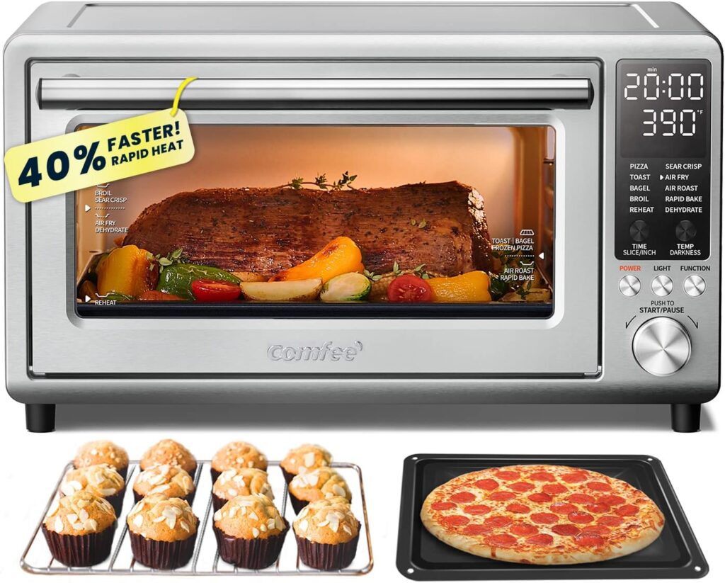COMFEE Toaster Oven Air Fryer FLASHWAVE™ Rapid-Heat Technology, Convection Oven Countertop with Bake Broil Roast, 6 Slices Large Capacity Fits 12’’ Pizza 24QT, 4 Accessories 1750W Stainless Steel