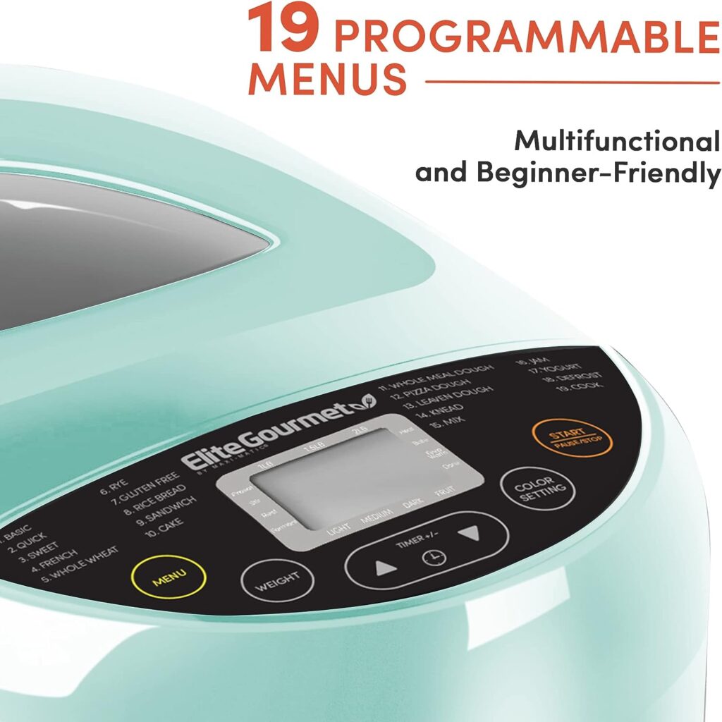 Elite Gourmet EBM8103M Programmable Bread Maker Machine 3 Loaf Sizes, 19 Menu Functions Gluten Free White Wheat Rye French and more, 2 Lbs, Mint