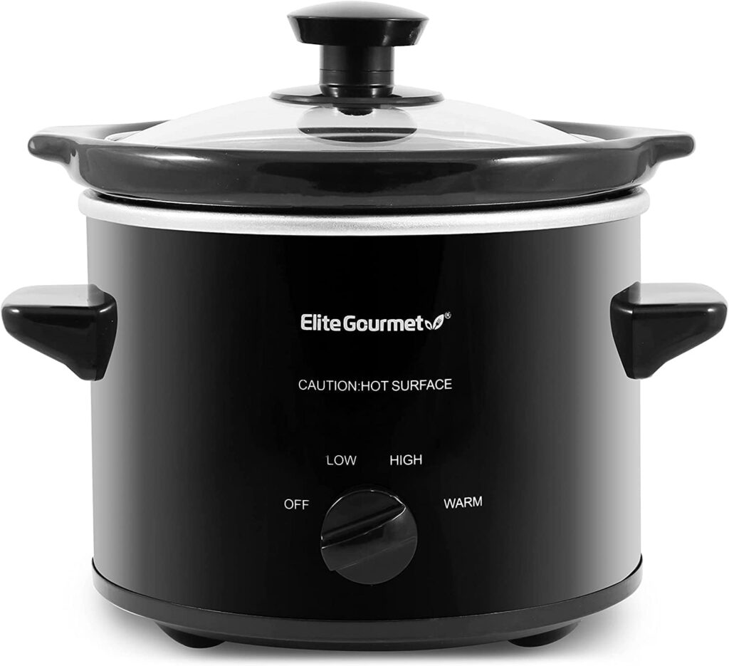 Elite Gourmet MST239X Electric Round Slow Cooker, Adjustable Temp, Entrees, Sauces, Stews  Dips, Dishwasher Safe Glass Lid  Crock, 2 Quart, Black