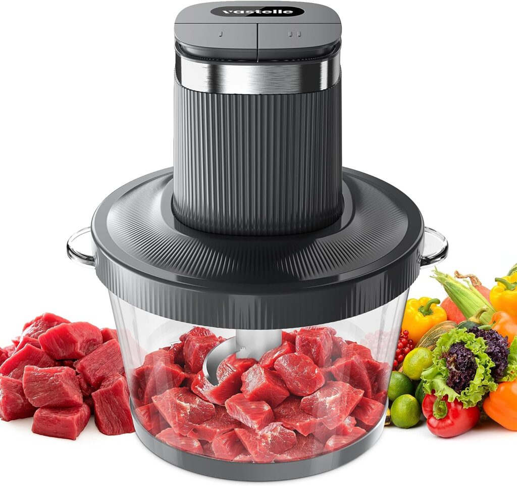 Food Processors,VASTELLE Electric Food Chopper with Bi-Level Blades, Meat Grinder and Vegetable Chopper for Baby Food, Meat, Onion, Nuts, 8 Cup BPA-free Glass Bowl, 2 Speed, Grey