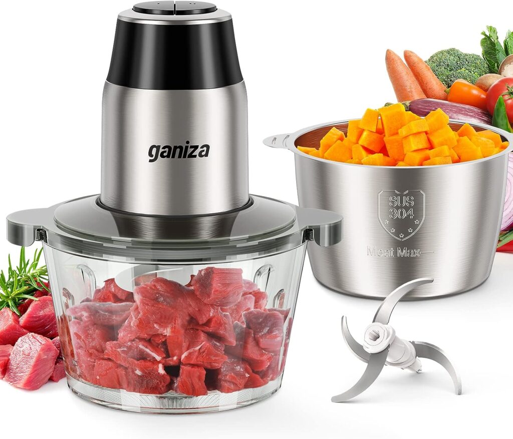 GANIZA Food Processors, Electric Food Chopper with Meat Grinder  Vegetable Chopper - 2 Bowls (8 Cup+8 Cup) with Powerful 450W Copper Motor - Includes 2 Sets of Bi-Level Blades for Baby Food/Meat/Nuts