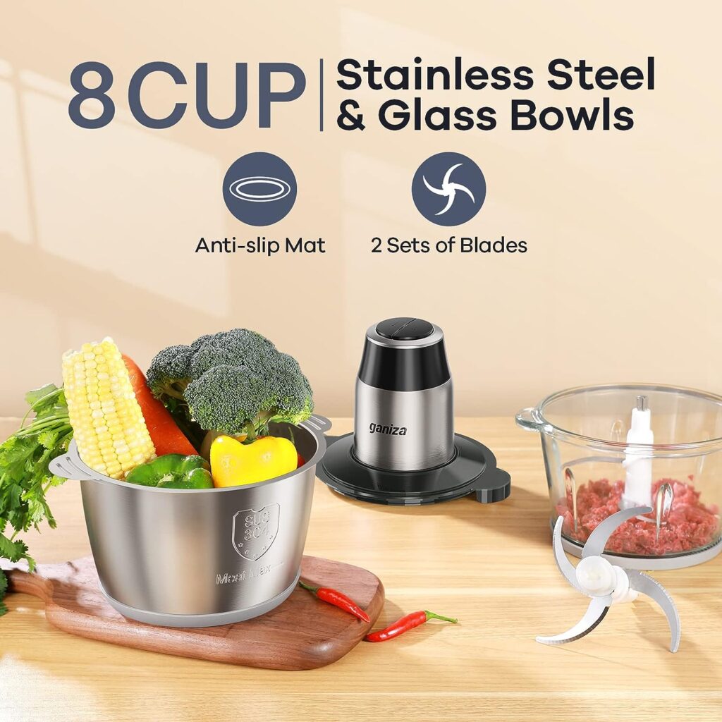 GANIZA Food Processors, Electric Food Chopper with Meat Grinder  Vegetable Chopper - 2 Bowls (8 Cup+8 Cup) with Powerful 450W Copper Motor - Includes 2 Sets of Bi-Level Blades for Baby Food/Meat/Nuts