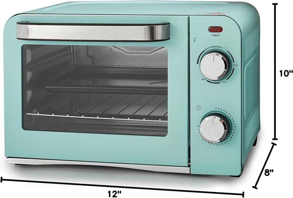 Green Life Mini Oven, Turquoise, Healthy Ceramic Nonstick, Compact Size, Bake, Broil, Toast, Pizza Capability, Aluminized Steel Baking Pan, Stainless Steel Baking Rack, Chromed Steel Pan Handle