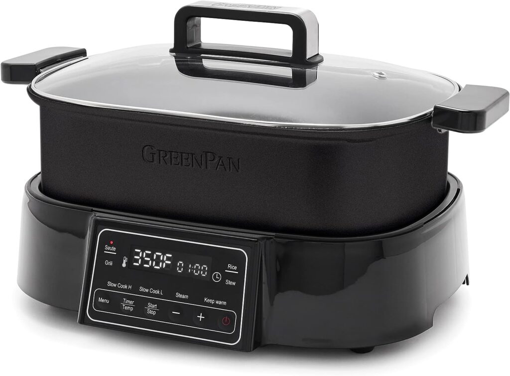 GreenPan 6.5QT Multi-Cooker Skillet Grill  Slow Cooker, 8-in-1 Presets to Saute,Steam, Grill, Stew,Slow Cook, Stir-Fry,Heat,  Cook Rice, Healthy Ceramic Nonstick  Dishwasher Safe Parts, Matte Black