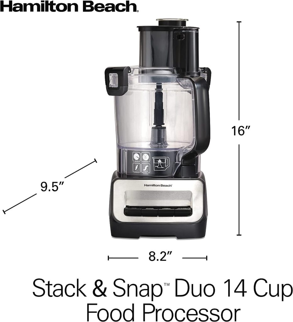 Hamilton Beach Stack  Snap Food Processor and Vegetable Chopper, BPA Free, Stainless Steel Blades, 14 Cup + 4-Cup Mini Bowls, 3-Speed 500 Watt Motor, Black (70585)