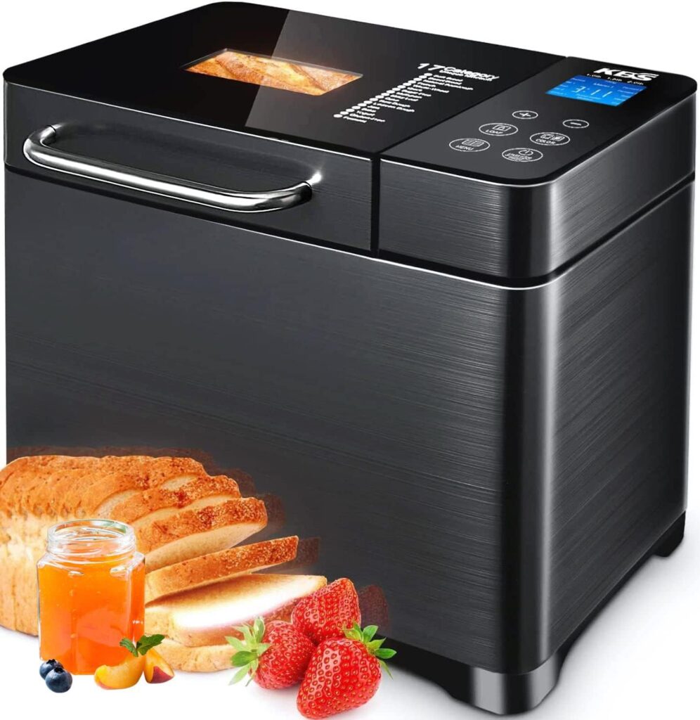 KBS 17-in-1 Bread Maker-Dual Heaters, 710W Bread Machine Stainless Steel with Gluten-Free, Dough Maker,Jam,Yogurt PROG, Auto Nut Dispenser,Ceramic Pan Touch Panel, 3 Loaf Sizes 3 Crust Colors,Recipes