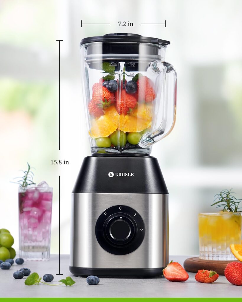 KIDISLE Professional Blenders for Kitchen, 1200W Powerful Smoothie Blender, 52oz Glass Jar for Shakes and Smoothies, Ice Crush, Frozen Fruit, Stainless Steel  Sliver