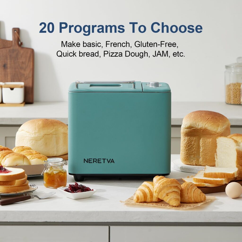 Neretva Bread Maker Machine , 20-in-1 2LB Automatic Breadmaker with Gluten Free Pizza Sourdough Setting, Digital, Programmable, 1 Hour Keep Warm, 2 Loaf Sizes, 3 Crust Colors - Receipe Booked Included (Green)
