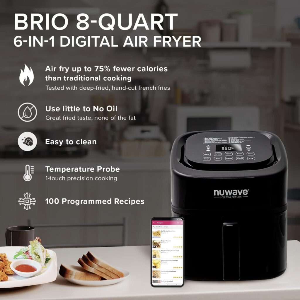 Nuwave Brio 8-Qt Air Fryer, Powerful 1800W, Easy-to-Read Cool White Display, 50°-400°F Temp Controls, 100 Pre-Programmed Presets  50 Memory Slots, Integrated Smart Thermometer, Linear T Technology