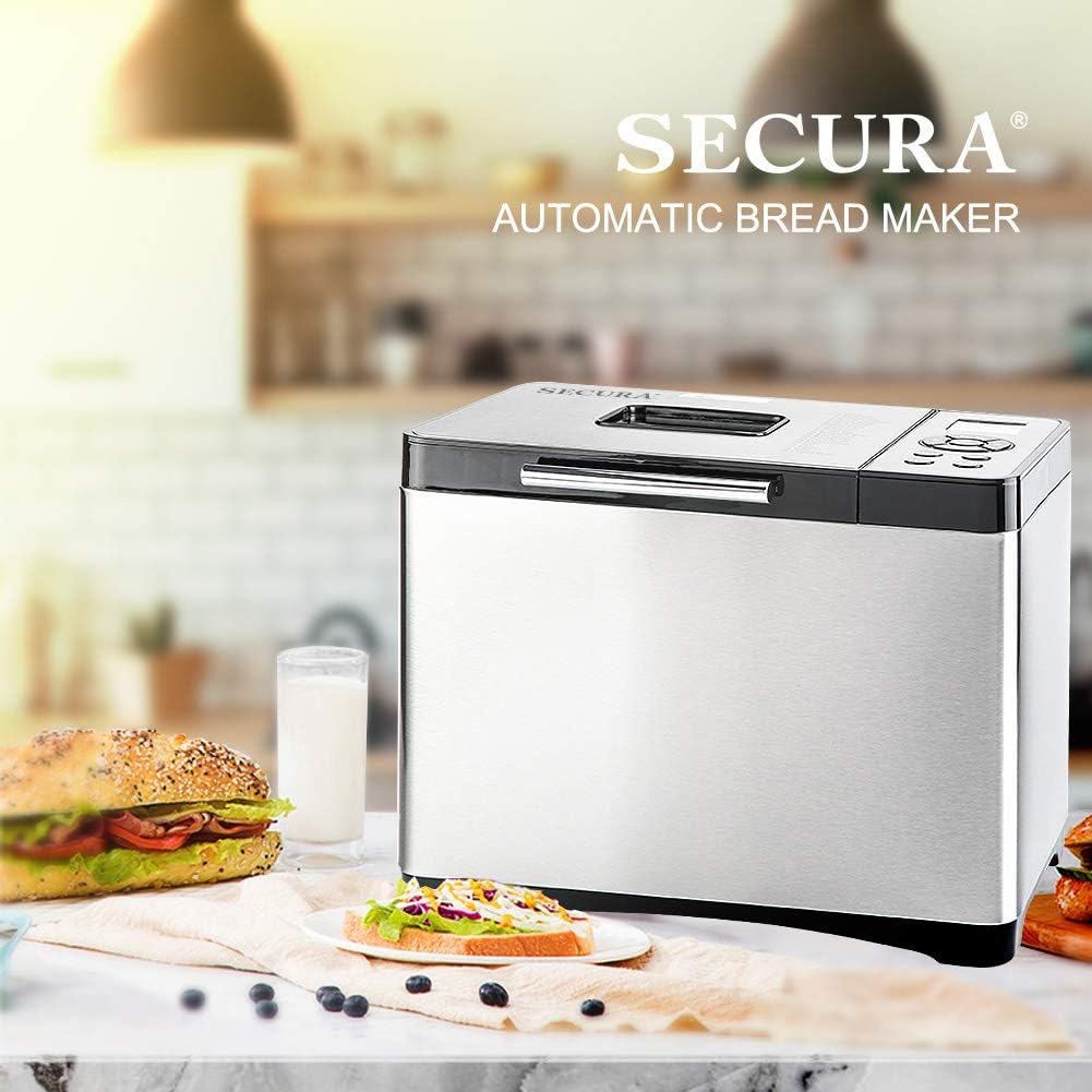 Secura Bread Maker Machine 2.2lb Stainless Steel Toaster Makers 650W Multi-Use Programmable 19 Menu Settings for Home Bakery (Silver)