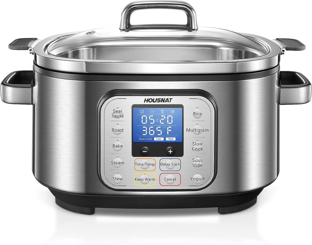 Slow Cooker, HOUSNAT 10 in 1 Programmable Cooker, 6Qt Stainless Steel, Rice Cooker, Yogurt Maker, Delay Start, Steaming Rack and Glass Lid, Adjustable TempTime for Slow Cook with Digital Timer