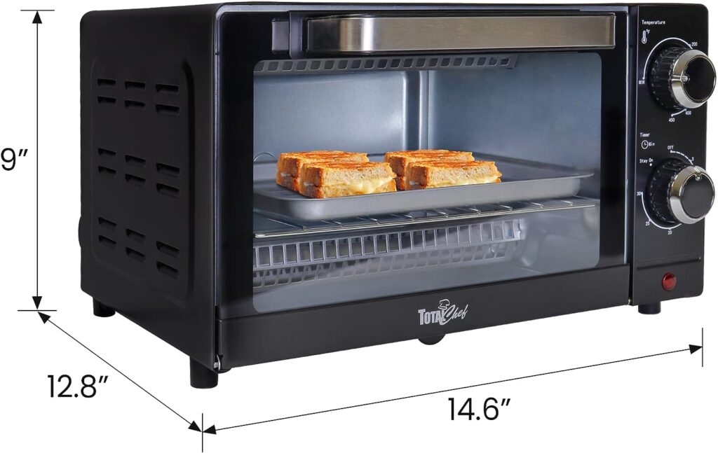 Total Chef 4-Slice Natural Convection Toaster Oven, Fits a 9 Inch Pizza, Compact Countertop Oven, 30 Minute Timer, 200-450F (93-232C) Temperature Range, Bake, Toast, Roast, Black and Stainless Steel