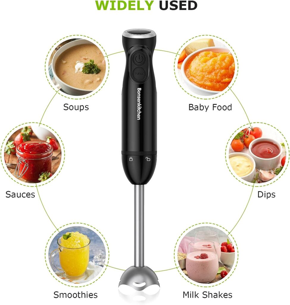 Bonsenkitchen Handheld Blender, Electric Hand Blender 12-Speed  Turbo Mode, Immersion Blender Portable Stick Mixer with Stainless Steel Blades for Soup, Smoothie, Puree, Baby Food