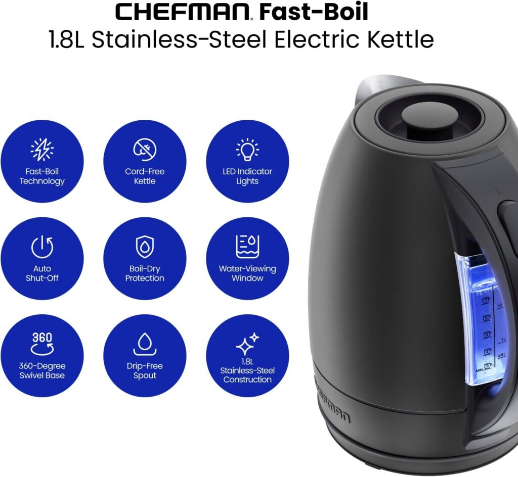 Chefman Electric Kettle, 1.7 Liter Stainless Steel Electric Tea Kettle Water Boiler with Automatic Shutoff, LED Lights, Boil-Dry Protection, Hot Water Electric Kettles for Boiling Water, Black