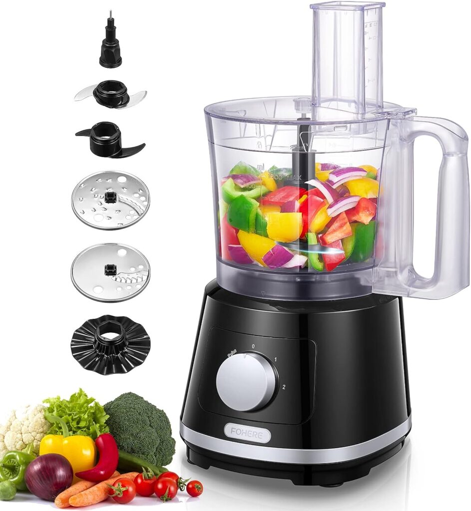 FOHERE Food Processor 8 Cup Food Chopper With Five Stainless Steel  BPA Free Accessories - Chopping, Slicing, Shredding and Whisking, 2 Speeds and Pulse Function, Black