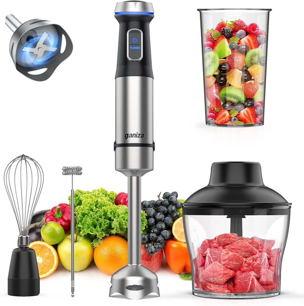 Ganiza Immersion Blender 5 in 1 Hand Blender 800W Heavy Duty Motor, 15 Speed and Turbo Mode Handheld Blender Stainless Steel Blade With 800ml Mixing Beaker, 600ml Chopper, Whisk and Milk Frother (Silver-1)