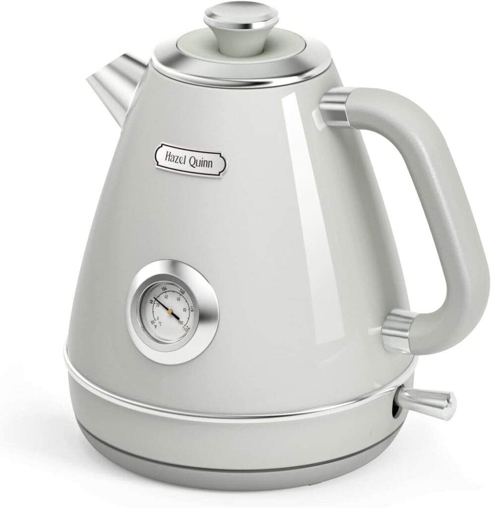 Hazel Quinn Retro Electric Kettle - 1.7 Liters / 57.5 Ounces Tea Kettle with Thermometer, All Stainless Steel, Fast Boiling 1200W, BPA-free, Cordless, Rotational Base, Automatic Shut Off - Ice Gray