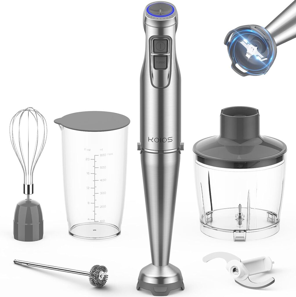 KOIOS 1100W Immersion Hand Blender, Stainless Steel Stick Blender with 12-Speed  Turbo Mode, 5-in1 Handheld Blender with 600ml Mixing Beaker with Lid,500ml Chopper, Whisk, Milk Frother, Perfect for Soup, Smoothies, Puree, Baby Food, BPA-Free, Sliver