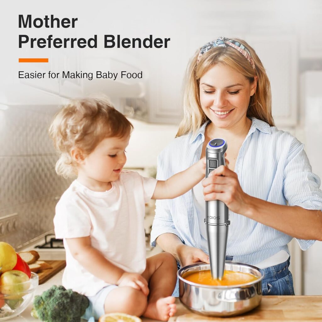 KOIOS 1100W Immersion Hand Blender, Stainless Steel Stick Blender with 12-Speed  Turbo Mode, 5-in1 Handheld Blender with 600ml Mixing Beaker with Lid,500ml Chopper, Whisk, Milk Frother, Perfect for Soup, Smoothies, Puree, Baby Food, BPA-Free, Sliver