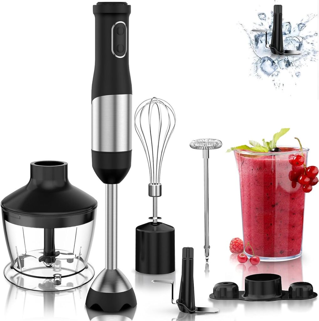 LINKChef Immersion Blender 800W Scratch Resistant Hand Blender,20-Speed 7 in 1 Immersion Blender Handheld with Ice Crush Blade,Egg Whisk,Milk Frother,500ml Food Processor,600ML Beaker,Storage Bracket