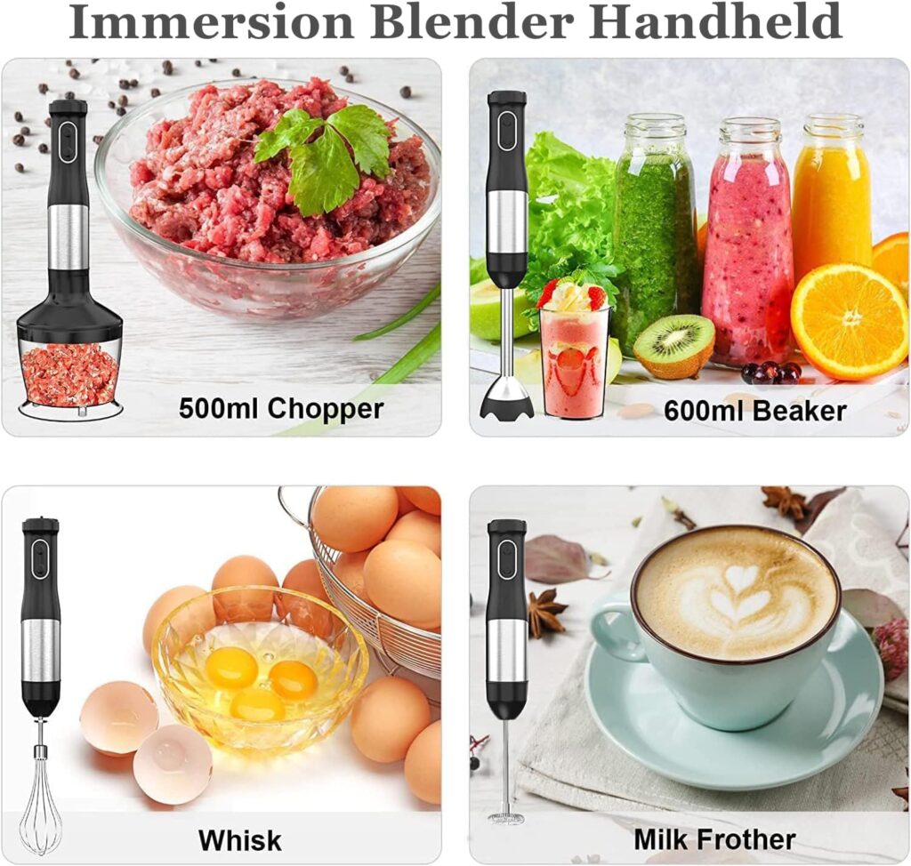 LINKChef Immersion Blender 800W Scratch Resistant Hand Blender,20-Speed 7 in 1 Immersion Blender Handheld with Ice Crush Blade,Egg Whisk,Milk Frother,500ml Food Processor,600ML Beaker,Storage Bracket