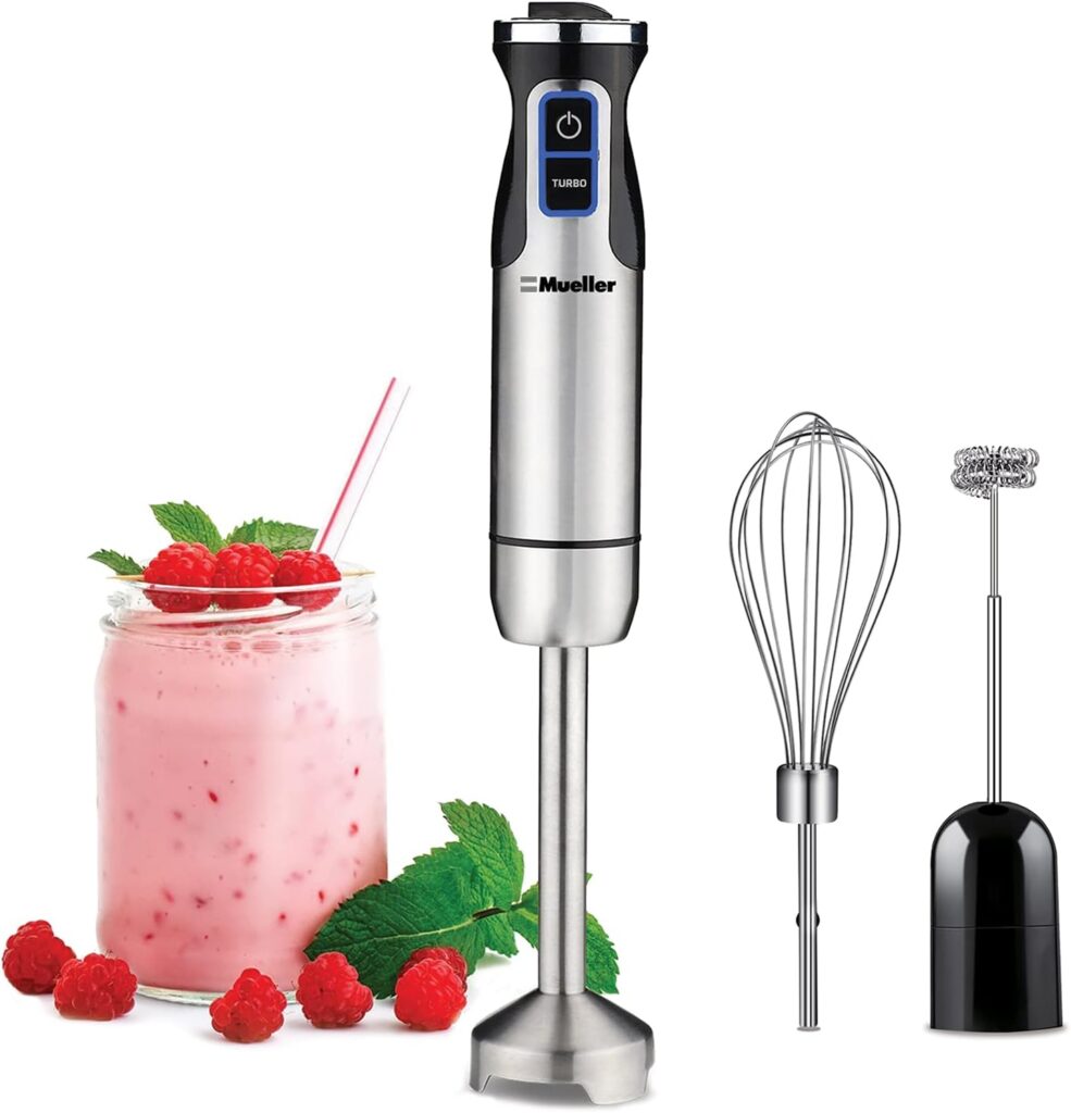 Mueller Austria Ultra-Stick 500 Watt 9-Speed Immersion Multi-Purpose Hand Blender Heavy Duty Copper Motor Brushed 304 Stainless Steel With Whisk, Milk Frother Attachments