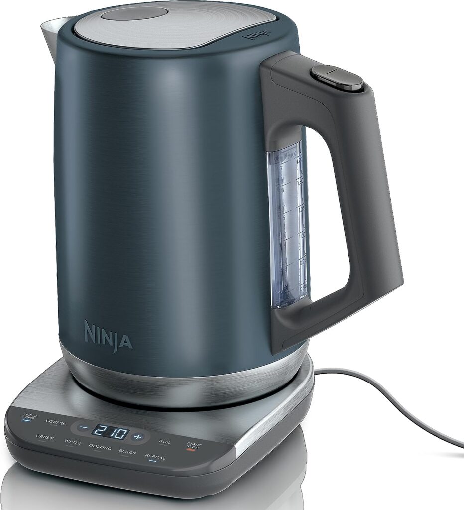 Ninja KT200BL Precision Temperature Electric Kettle, 1500 watts, BPA Free, Stainless, 7-Cup Capacity, Hold Temp Setting, Blue Stainless