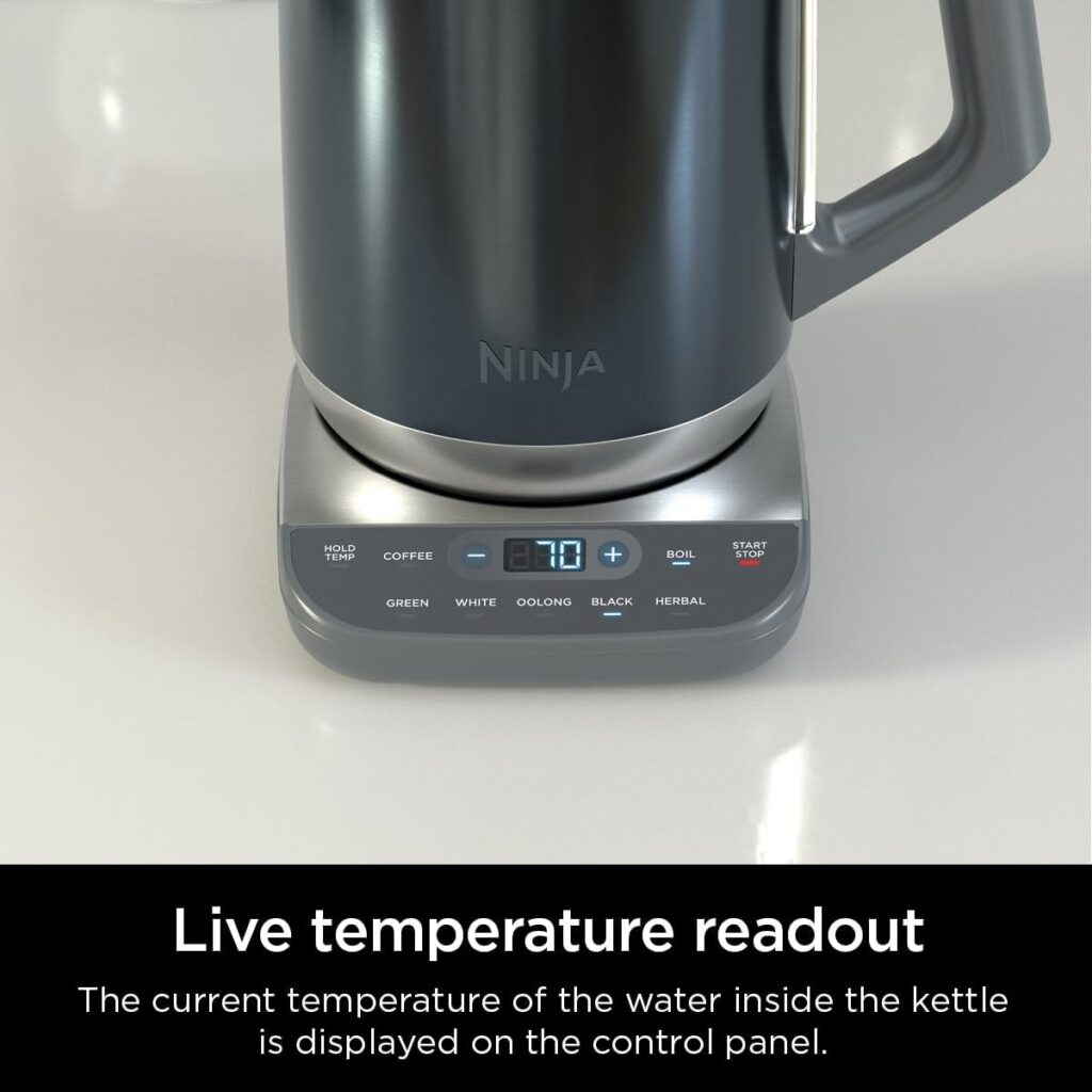 Ninja KT200BL Precision Temperature Electric Kettle, 1500 watts, BPA Free, Stainless, 7-Cup Capacity, Hold Temp Setting, Blue Stainless