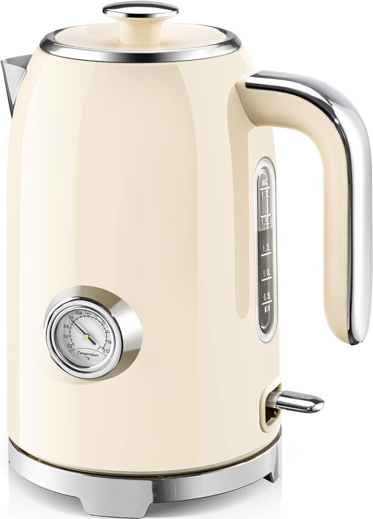SUSTEAS Electric Kettle - 57oz Hot Tea Kettle Water Boiler with Thermometer, 1500W Fast Heating Stainless Steel Tea Pot, Cordless with LED Indicator, Auto Shut-Off  Boil Dry Protection, Beige